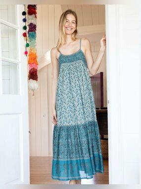 NATURAL LIFE Journey Boho Blue/Tan Floral Scoop-Neck Maxi Dress, Sz S